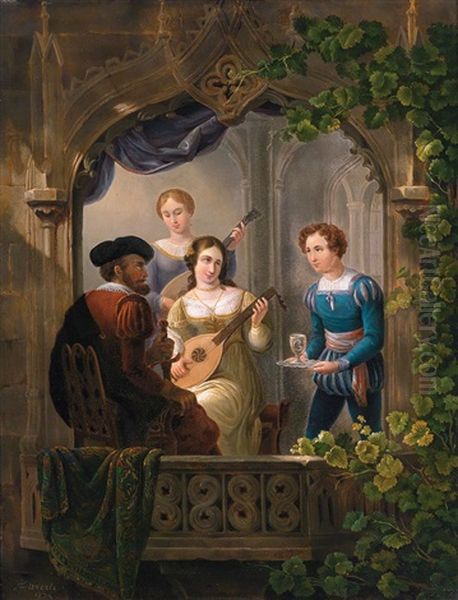 Musikalische Unterhaltung Am Balkon Oil Painting by Henricus-Franciscus Wiertz