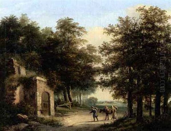 Travellers In A Wooded Landscape Arriving At A Ruin Oil Painting by Henricus-Franciscus Wiertz