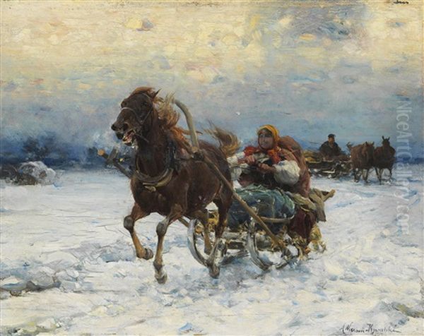 Frohliche Schlittenfahrt Oil Painting by Alfred von Wierusz-Kowalski