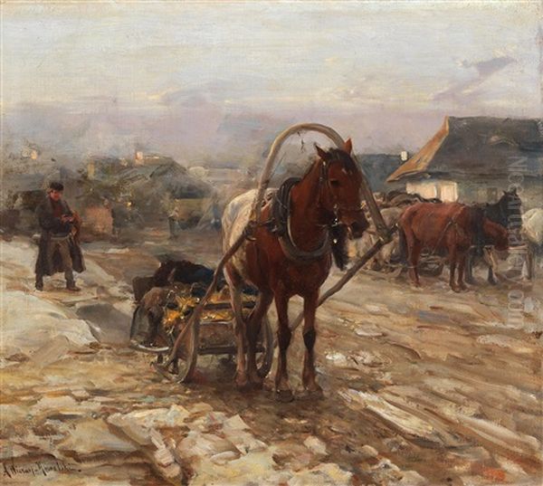 Horse And Cart On The Village Street Oil Painting by Alfred von Wierusz-Kowalski