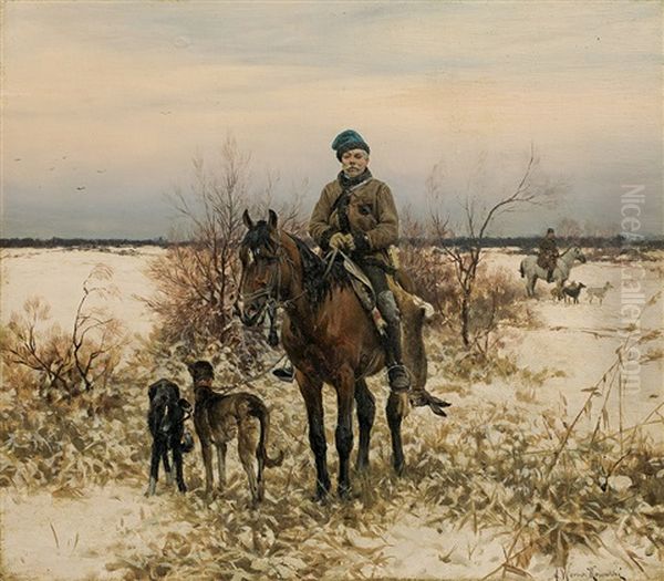 Hounting With Greyhounds Oil Painting by Alfred von Wierusz-Kowalski