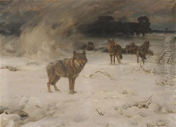 Wolves In A Snowstorm Oil Painting by Alfred von Wierusz-Kowalski