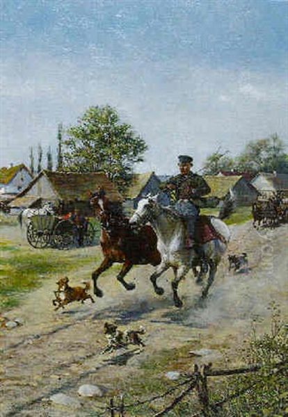 Riders And Carriages Leaving A Polish Village Oil Painting by Karol Wierusz-Kowalski