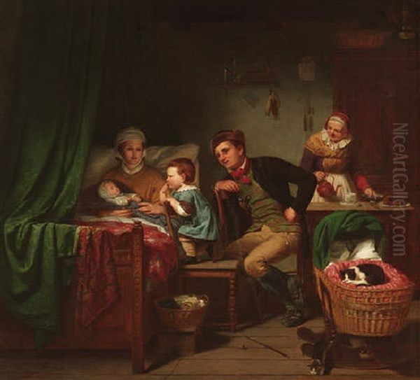 Familie Am Wochenbett Oil Painting by Franz Wieschebrink