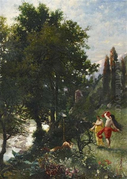 Arkadische Landschaft Mit Satyr Und Nymphen Oil Painting by Bruno Wiese