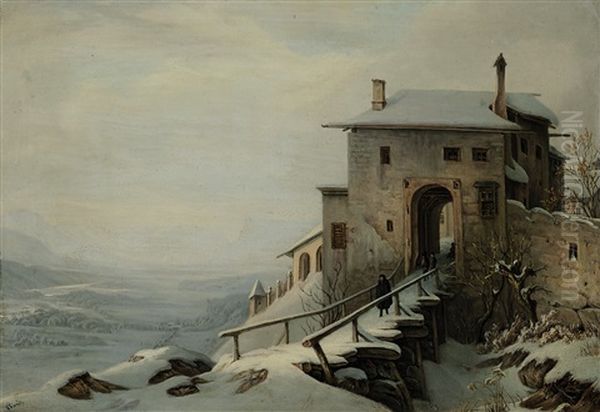 Burgtor In Winterlicher Flusslandschaft Oil Painting by Georg Wiesend