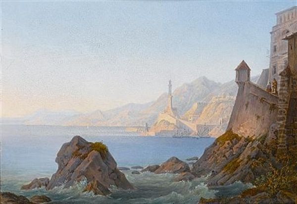 The Harbour At Genoa (+ A View Of The Gulf Of Spezia; Pair) Oil Painting by Georg Wiesend