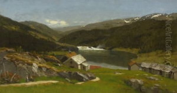 Norwegische Gebirgslandschaft Mit Bauernhausern Am See Oil Painting by Anders Guttormsen Wigdahl