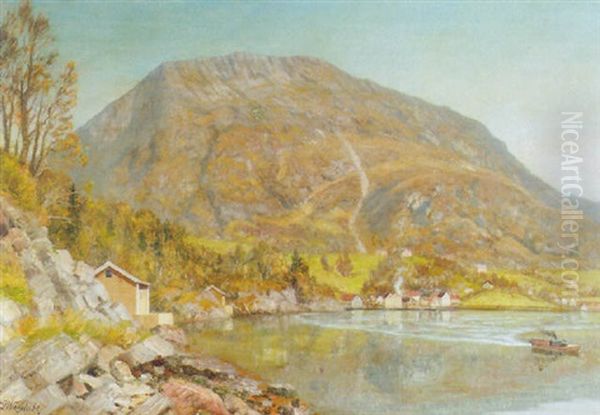 View Of A Fjord In Bergen, Norway Oil Painting by Anders Guttormsen Wigdahl