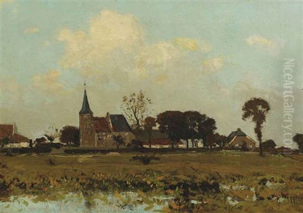 Church In Persingen, Ooipolder (+ Landscape With 'huis De Magerhorst', Duiven, Oil On Canvas Laid On Plywood; 2 Works) Oil Painting by Derk Wiggers