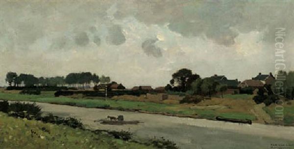 De Ijssel Bij Rheden: A Ferry On The Ijssel Near Rheden Oil Painting by Derk Wiggers