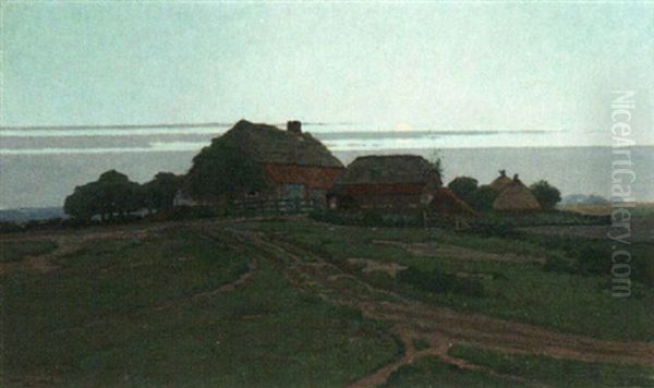 Farm In A Moonlit Landscape Oil Painting by Derk Wiggers