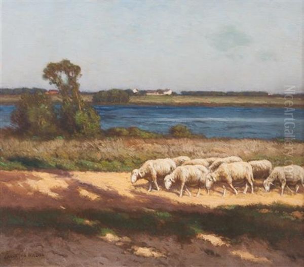 Sheep On Riverbank Oil Painting by Carleton Wiggins