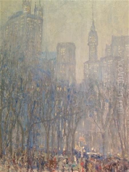 Twilight - Fifth Avenue And The Plaza At Central Park Oil Painting by Sidney Miller Wiggins