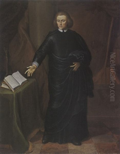 A Portrait Of A Cleric, Wearing A Black Robe With White Cuffs And Collar, Pointing Towards A Book On A Table Oil Painting by Gerard Wigmana