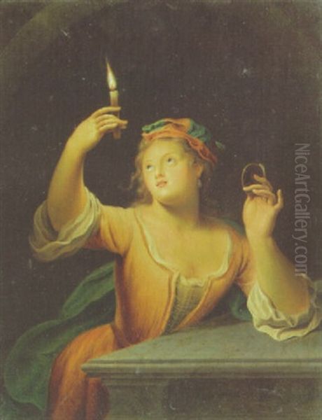 A Girl Holding A Candle Oil Painting by Gerard Wigmana