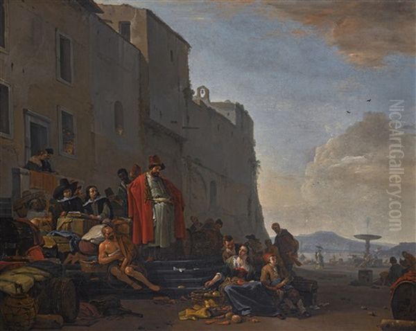 A Mediterranean Harbour Scene With Oriental Merchants Oil Painting by Thomas Wijck