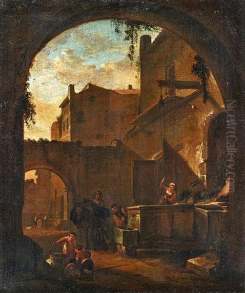 Dorfbrunnen Mit Italienischem Landvolk Oil Painting by Thomas Wijck