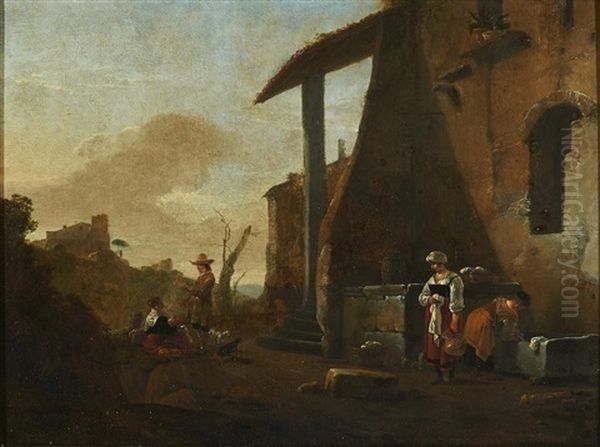 Figures Cooking And Cleaning In A Courtyard Oil Painting by Thomas Wijck