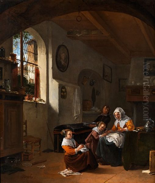 Hollandisches Interieur Mit Mutter Und Drei Kindern Oil Painting by Thomas Wijck