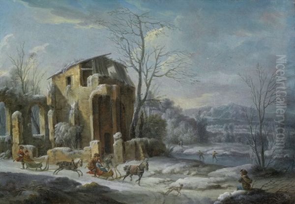 Winterlandschaft Mit Ruine Und Pferdeschlitten Oil Painting by Thomas Wijck