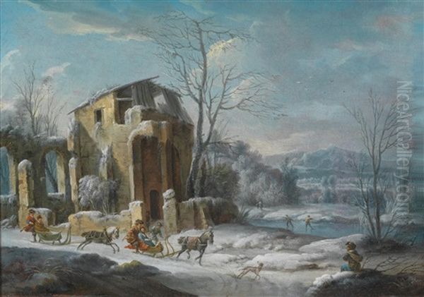 Eine Winterlandschaft Mit Reisenden In Pferdeschlitten Vor Den Ruinen Einer Burg Oil Painting by Thomas Wijck