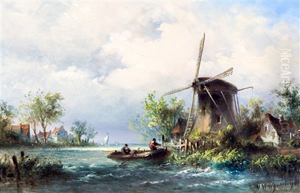 Dutch Landscape With A Rowing Boat Moored Near A Windmill Oil Painting by Nicolaas Martinus Wijdoogen