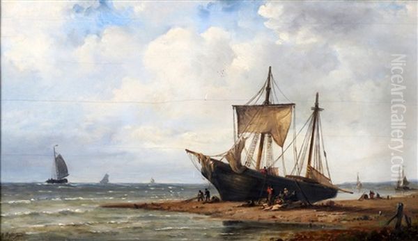 Een Vissersboot Op Het Strand Met Vele Personen Oil Painting by Nicolaas Martinus Wijdoogen