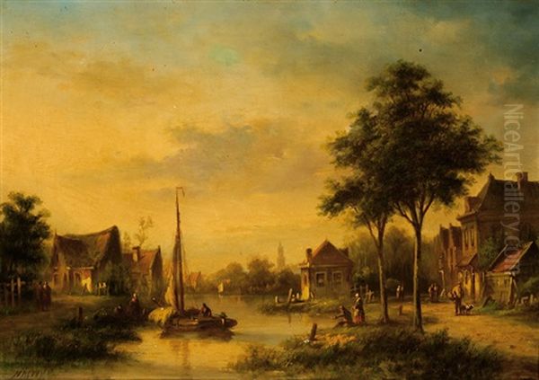 Figures In A Village On A River Oil Painting by Nicolaas Martinus Wijdoogen