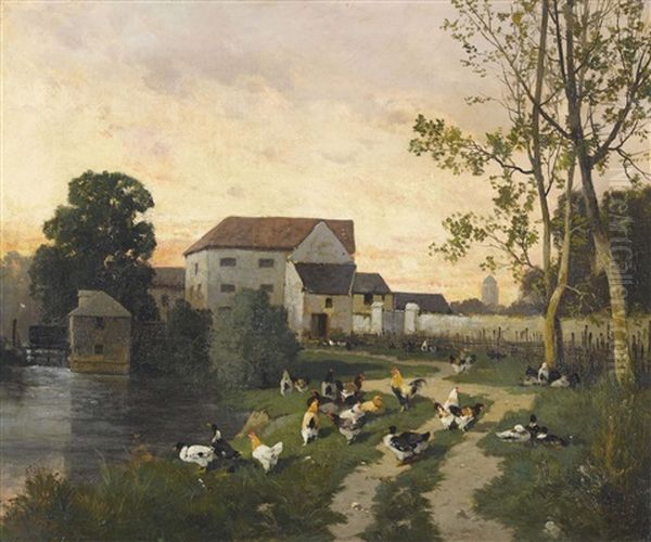 Abendliche Stimmung Mit Huhnern Am Weiher Oil Painting by Henri Van Wijk