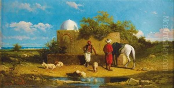 Fontaine Aux Environs De Tunis (after Charles-emile Vacher De Tournemine) Oil Painting by Henri Van Wijk