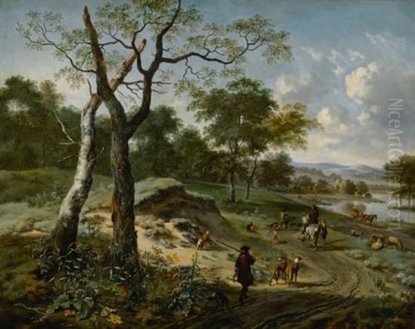 Wooded Evening Landscape With A Hunter And His Dogs, Another Hunter On Horseback Conversing With A Peasant, A Fishermen And A Falconer Carrying A Hoop Of Falcons On A Path, A Wagon And Other Figures By A Lake Beyond Oil Painting by Jan Wijnants