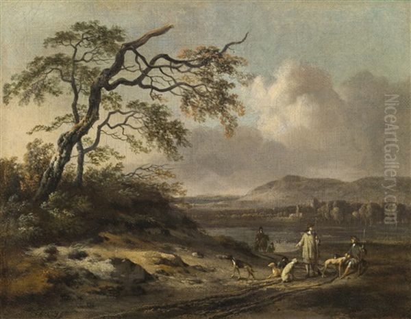 Dune Landscape With Hunters In The Foreground, A Lake And Mountains Beyond Oil Painting by Jan Wijnants