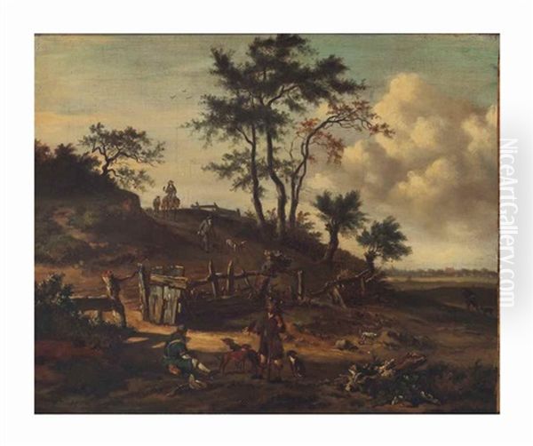 An Extensive Landscape With Falconers And Dogs On A Path Oil Painting by Jan Wijnants