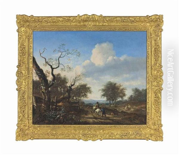 A Wooded Landscape With Hunters And Herdsmen On A Track Oil Painting by Jan Wijnants