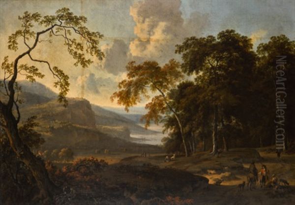 Wooded Landscape With Travellers Resting On A Path, A Distant River Landscape Beyond Oil Painting by Jan Wijnants