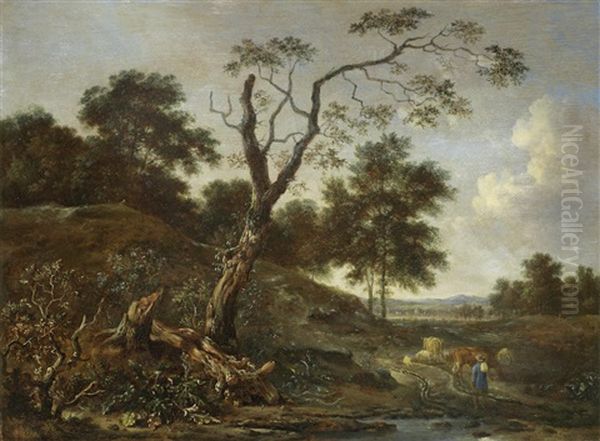 A Drover With Cattle On A Country Path Oil Painting by Jan Wijnants