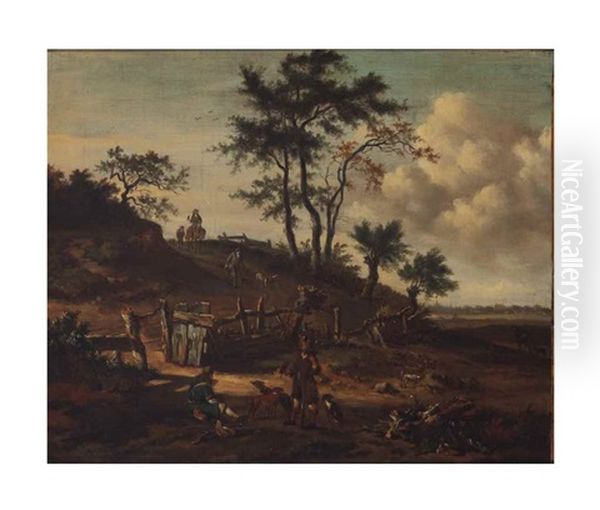 An Extensive Landscape With Falconers And Dogs On A Path Oil Painting by Jan Wijnants