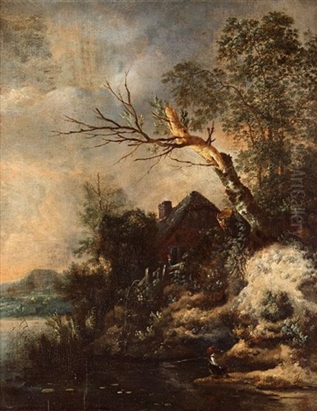 River Landscape With Figures By A Cottage Oil Painting by Jan Wijnants