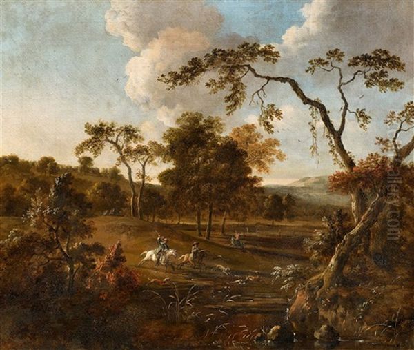 Landscape With Rolling Hills And A Stag Hunt Oil Painting by Jan Wijnants