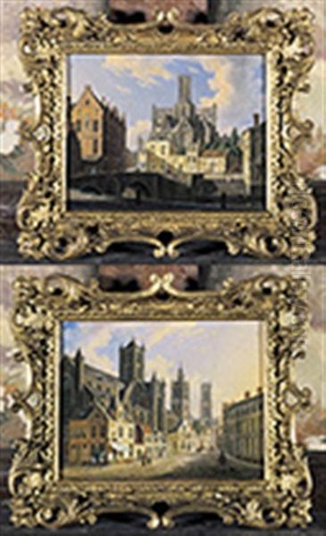 Gezicht Op De Kuip Van Gent (+ Gezicht Op De Sint-baafskathedraal: Koorzijde Te Gent; 2 Works) Oil Painting by Augustus Wijnantz