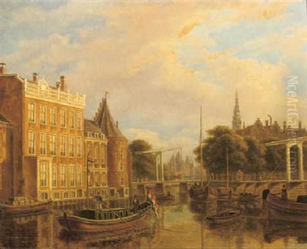 A View Of The River Of Amstel With The  Nieuwmarkt And Oude Kerk, Amsterdam Oil Painting by Augustus Wijnantz