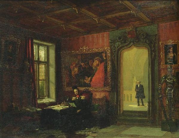 King Willem Ii Of The Netherlands Seated In His Study At The Palace Kneuterdijk, The Hague, With His Comptroller Victor Amadeo Trossarello Standing In The Doorway Oil Painting by Augustus Wijnantz