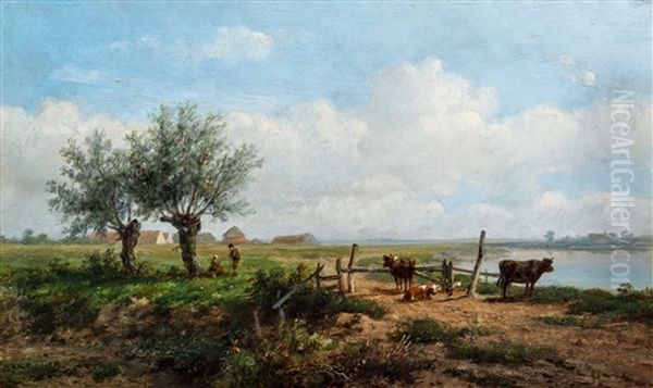 Dutch River Landscape With Resting Countryfolk And Cows Oil Painting by Anthonie Jacobus van Wijngaerdt