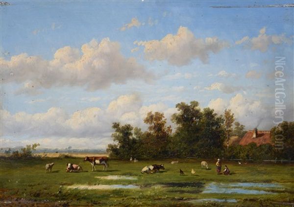 Cattle And Chicken In A Landscape Oil Painting by Anthonie Jacobus van Wijngaerdt