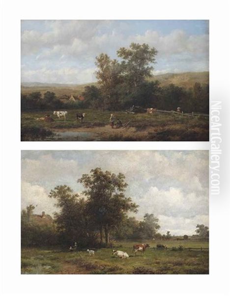 Cattle In The Grassland; And Farmers In The Field Oil Painting by Anthonie Jacobus van Wijngaerdt