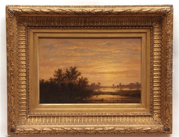 River Scene At Dusk Oil Painting by Anthonie Jacobus van Wijngaerdt