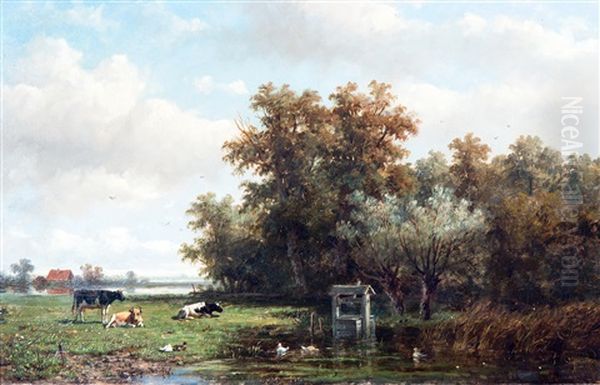 Cattle In A Summer Polder Landscape Oil Painting by Anthonie Jacobus van Wijngaerdt