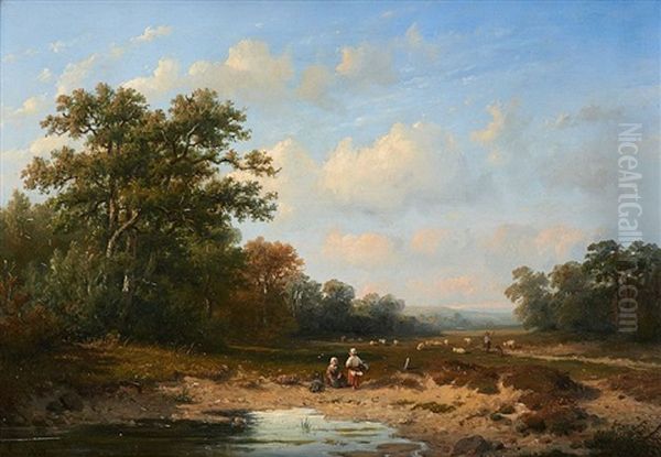 Au Bord De La Riviere Oil Painting by Anthonie Jacobus van Wijngaerdt