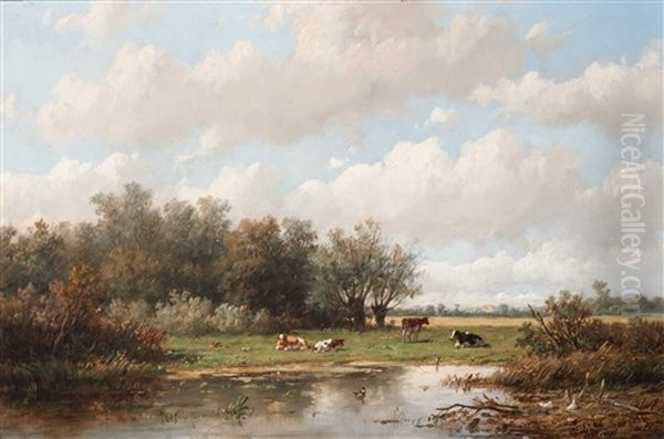 Cows In A Dutch Landscape Oil Painting by Anthonie Jacobus van Wijngaerdt